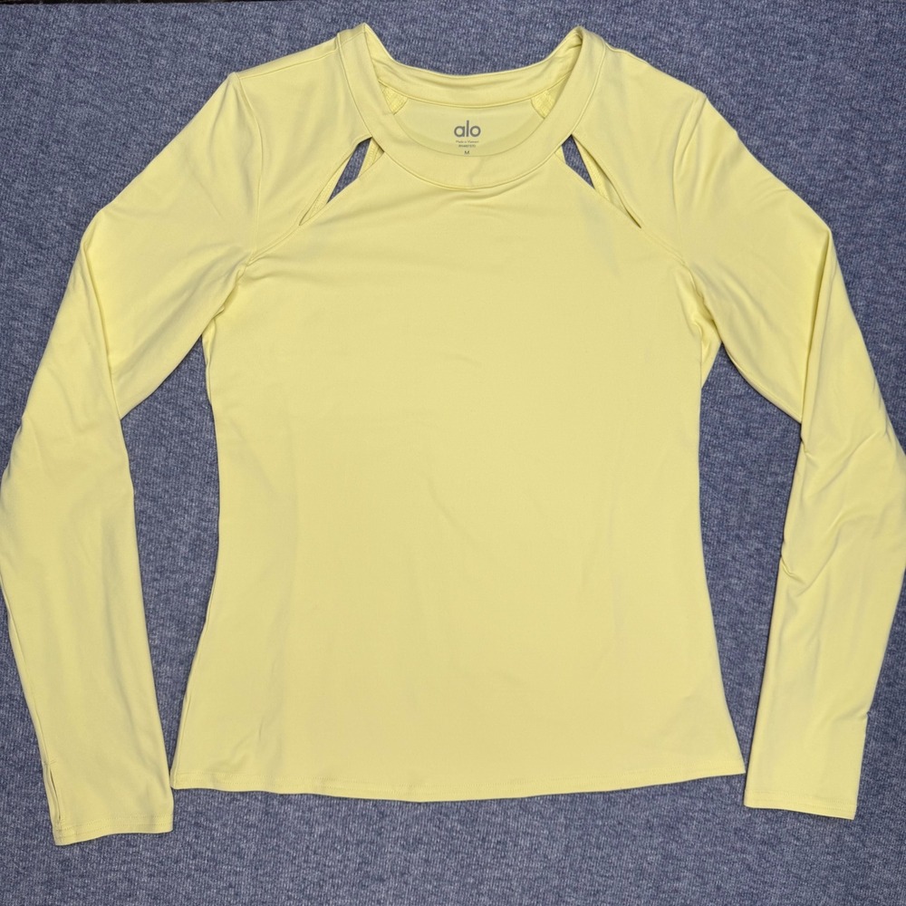 Alo Yoga Womens Long Sleeve Shoulder Cutout Activewear Top Yellow Size M